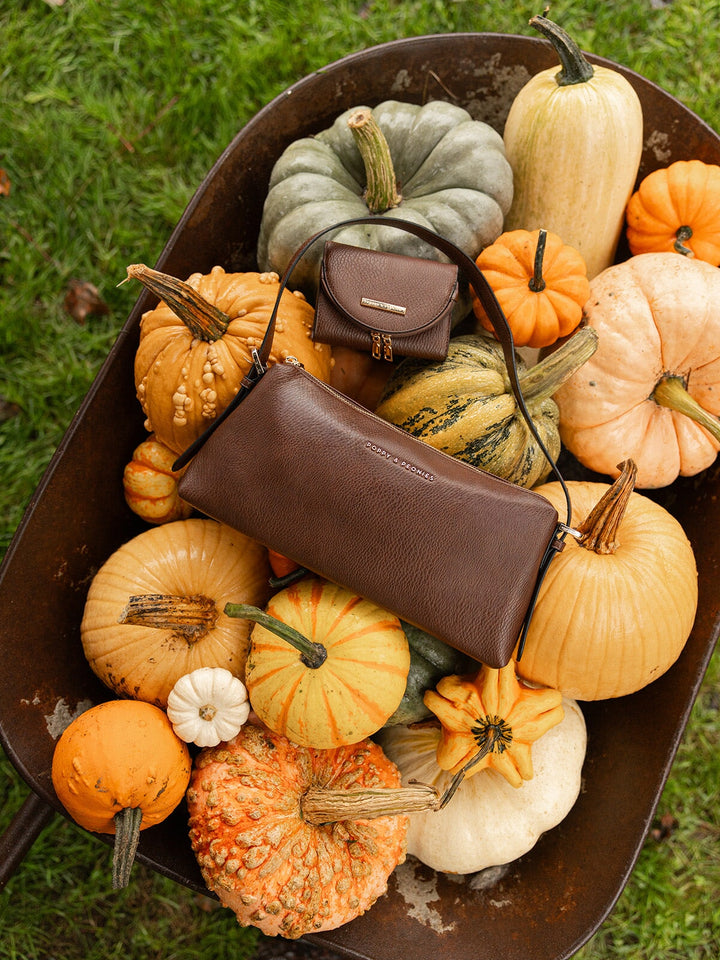 Poppy & Peonies The Soho Shoulder Bag in Espresso displayed on a bed of autumn pumpkins and gourds alongside a coordinating small brown accessory.