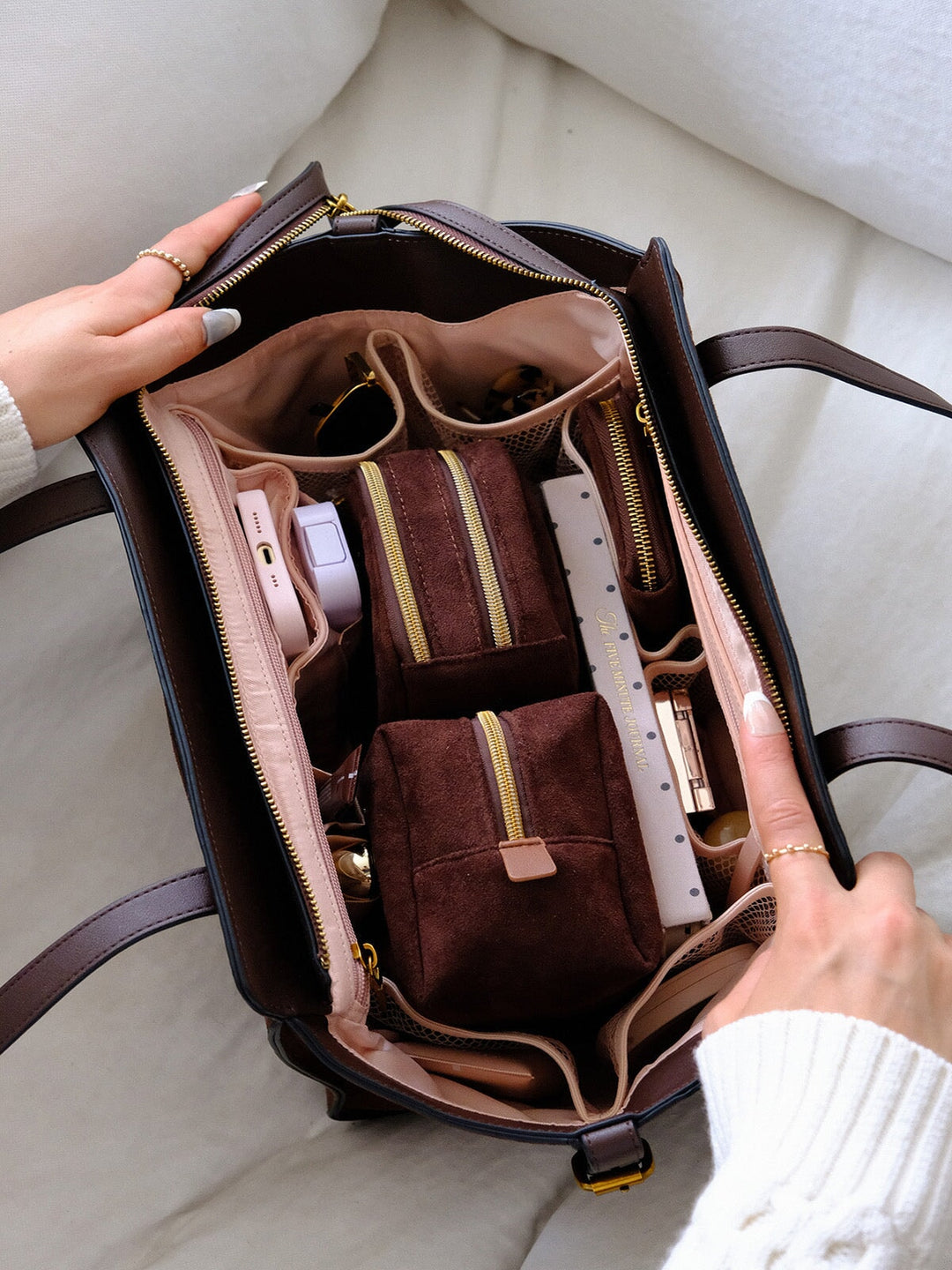 Poppy & Peonies Mini Avenue Tote Espresso Suede open top view, showcasing the spacious blush interior with organized compartments, zippered pouches and everyday essentials.