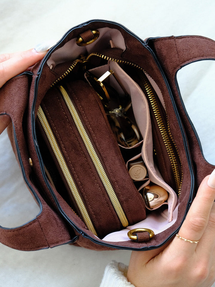 Poppy & Peonies The Pick Me Up Tote in Espresso Suede open top view, showcasing the organized interior with zippered compartments, pockets and stored essentials.
