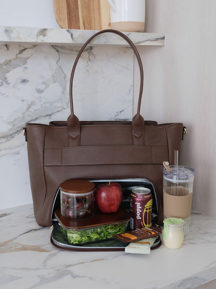 Poppy & Peonies Double Duty Tote in Espresso styled with lunch, snacks and iced coffee, showcasing everyday carry capacity.