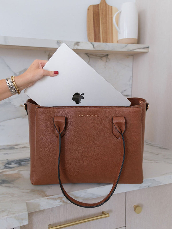Poppy & Peonies Double Duty Tote in Chestnut fitting a laptop for work, travel and daily organization.