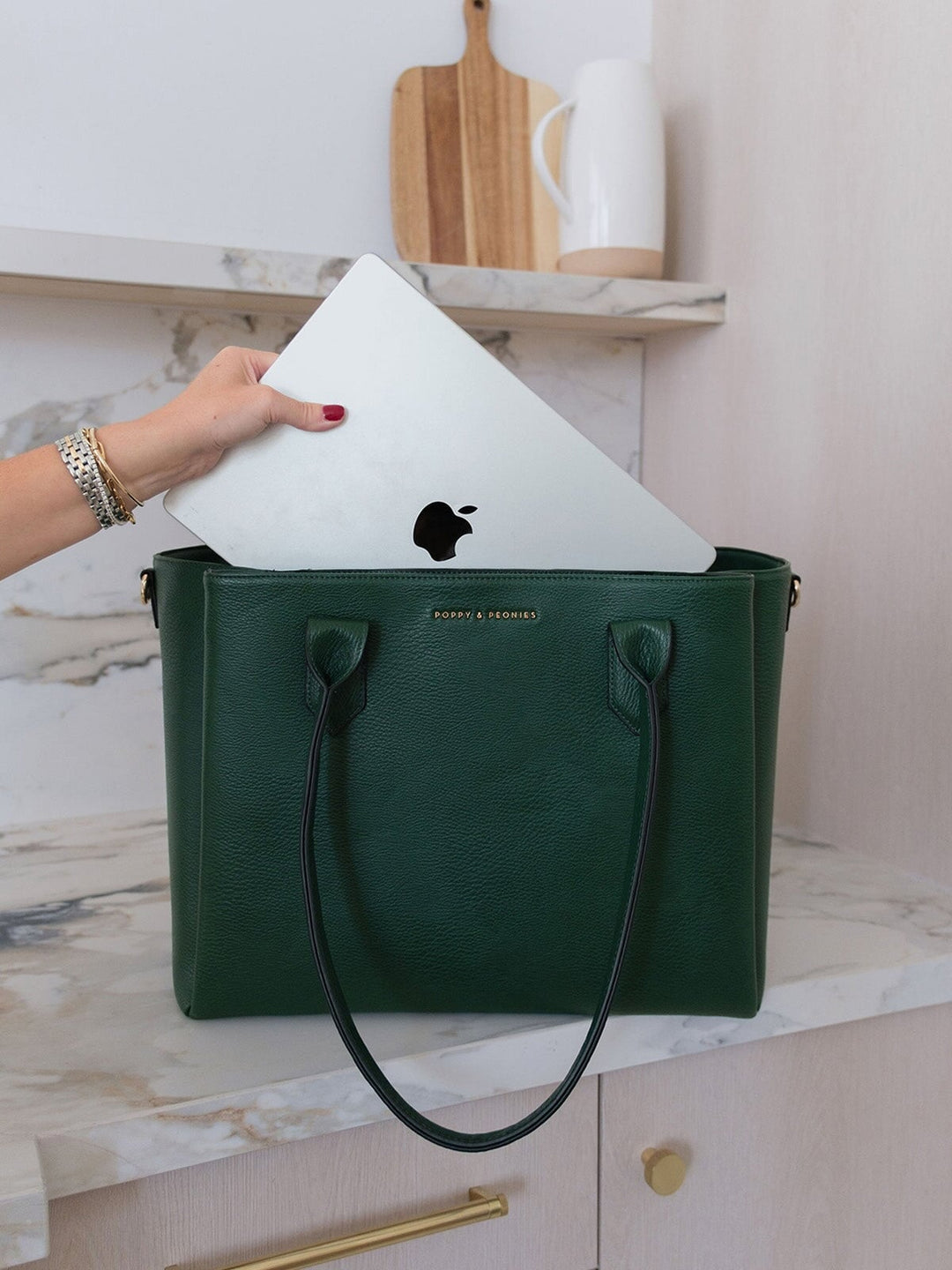 Poppy & Peonies Double Duty Tote in Heritage Green fitting a laptop for work, travel and daily organization.