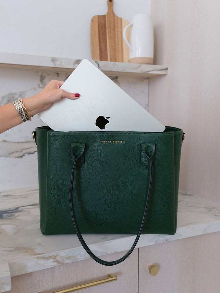 Poppy & Peonies Double Duty Tote in Heritage Green fitting a laptop for work, travel and daily organization.