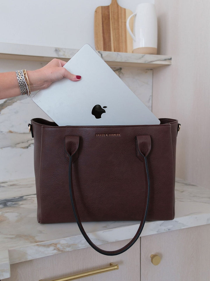 Poppy & Peonies Double Duty Tote in Espresso fitting a laptop for work, travel and daily organization.