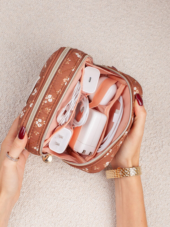 Poppy & Peonies Pretty Connected Case in Brown Floral open top view, highlighting divided compartments that keep charging accessories and small essentials neatly organized.