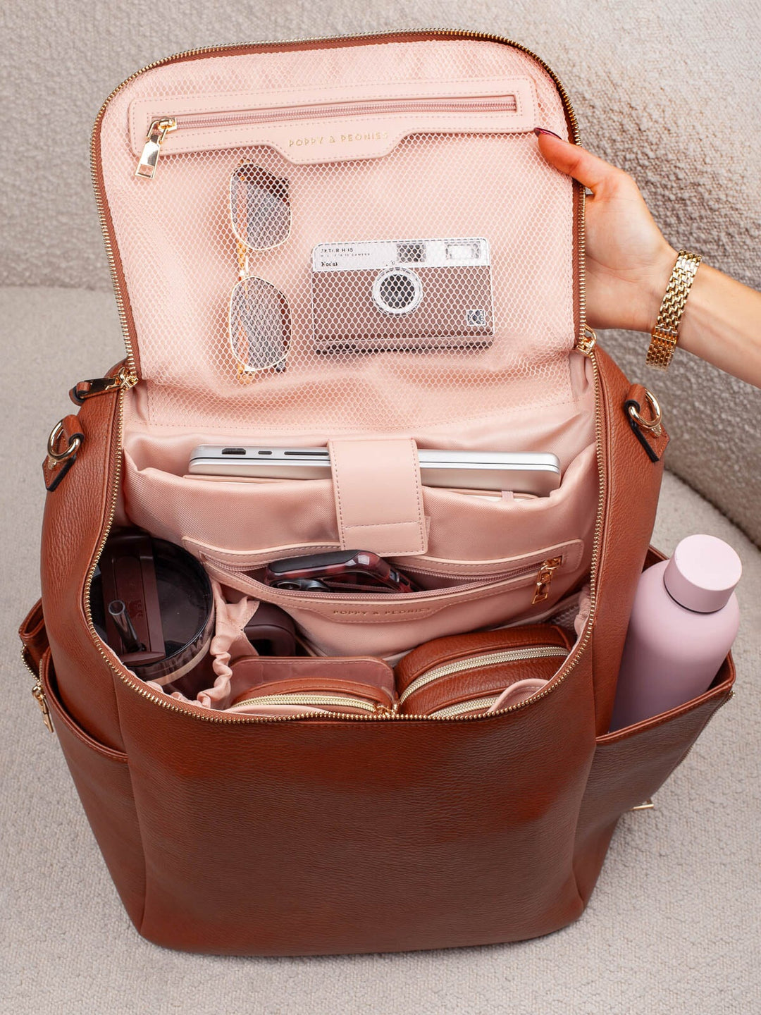 Poppy & Peonies Carryall Backpack in Chestnut with laptop compartment, interior pockets and everyday essentials.