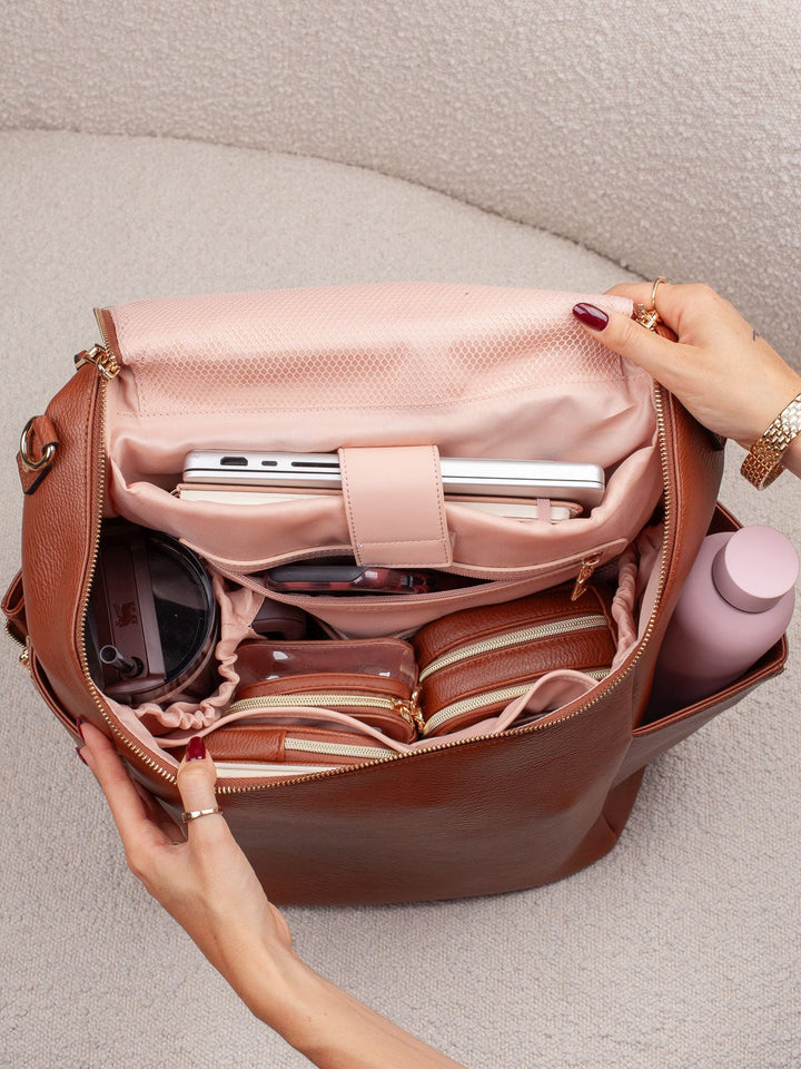 Poppy & Peonies Carryall Backpack in Chestnut open with organized interior compartments and essentials.