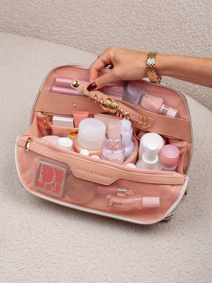 Poppy & Peonies Sitting Pretty Cosmetic Case in Brown Patchwork with spacious interior compartments for cosmetics and beauty essentials.