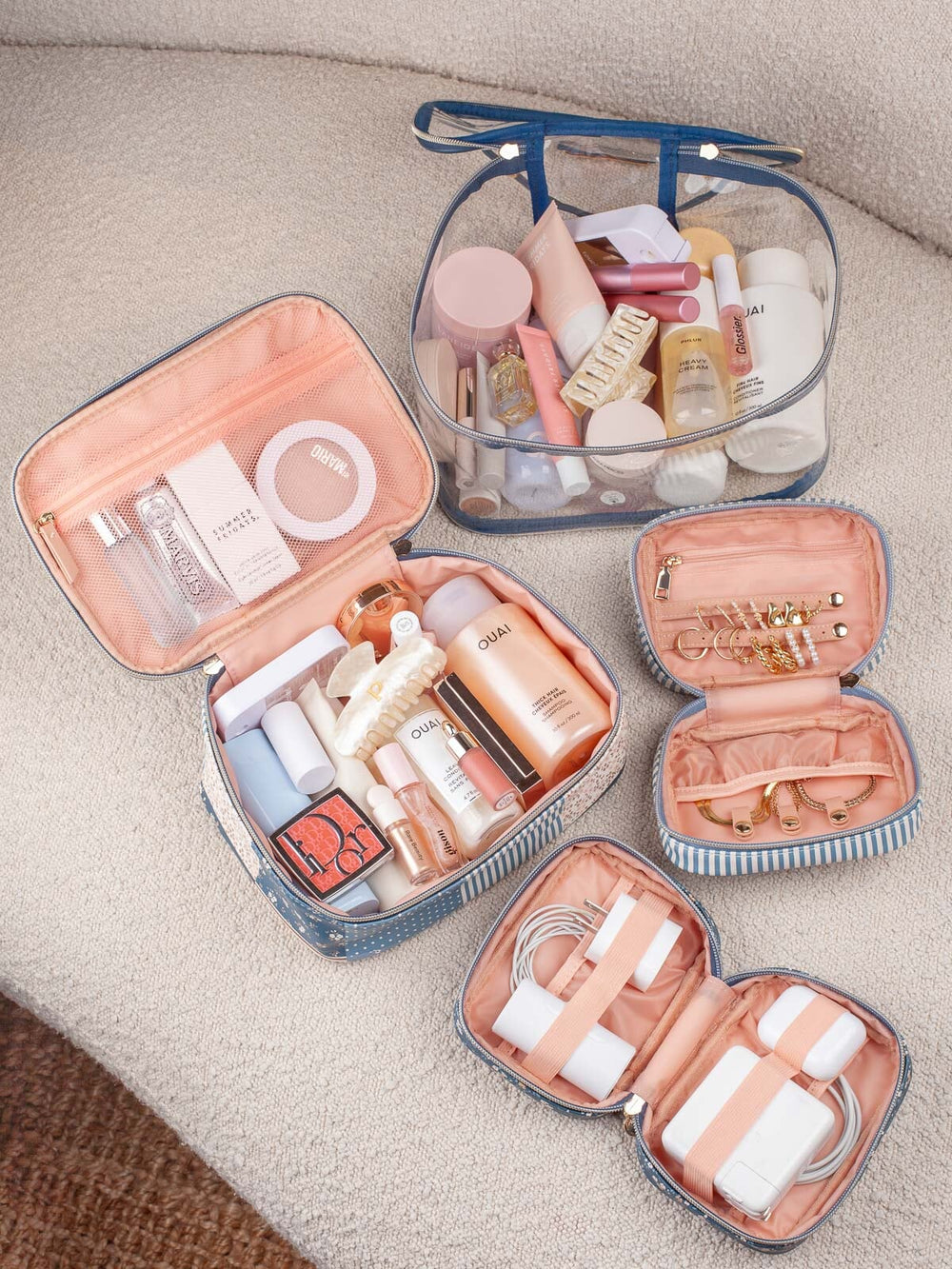 Poppy & Peonies Getaway Cosmetic Set in Navy Patchwork with coordinating cosmetic and jewelry organizers.