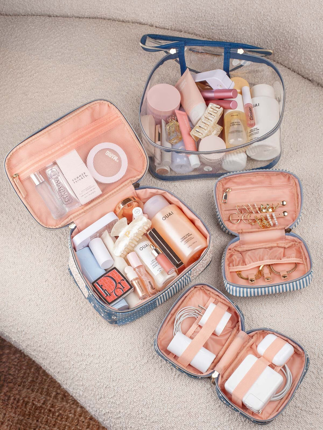 Poppy & Peonies Getaway Cosmetic Set in Navy Patchwork with coordinating cosmetic and jewelry organizers.