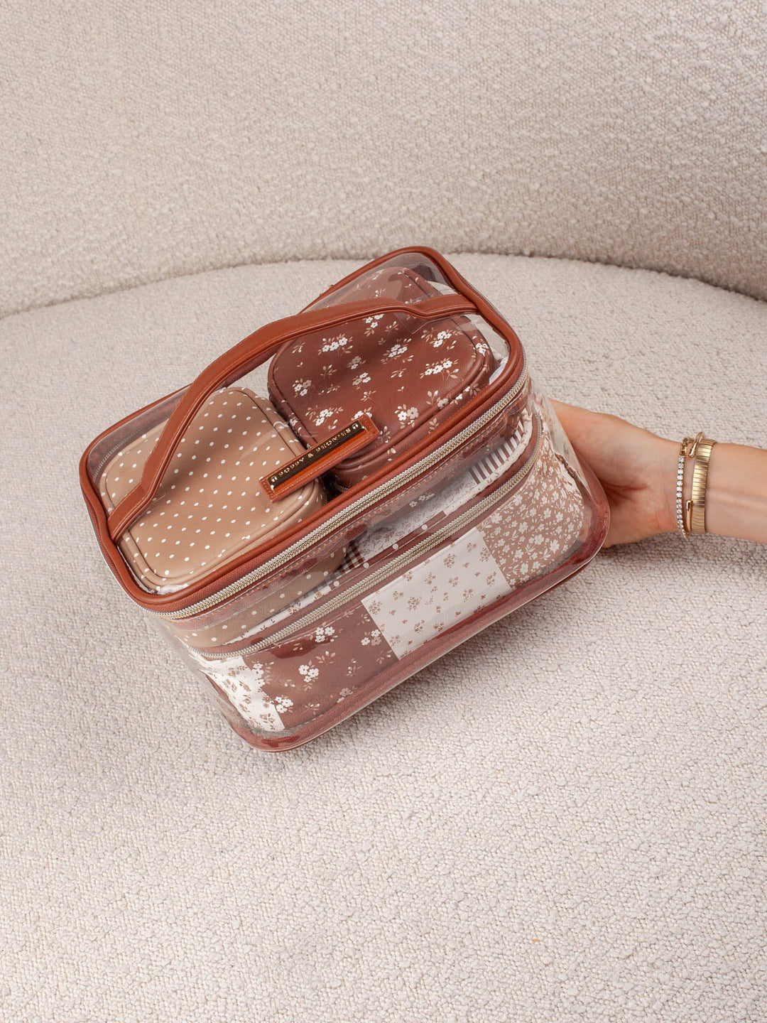 Poppy & Peonies Getaway Cosmetic Set in Brown Patchwork clear cosmetic case.