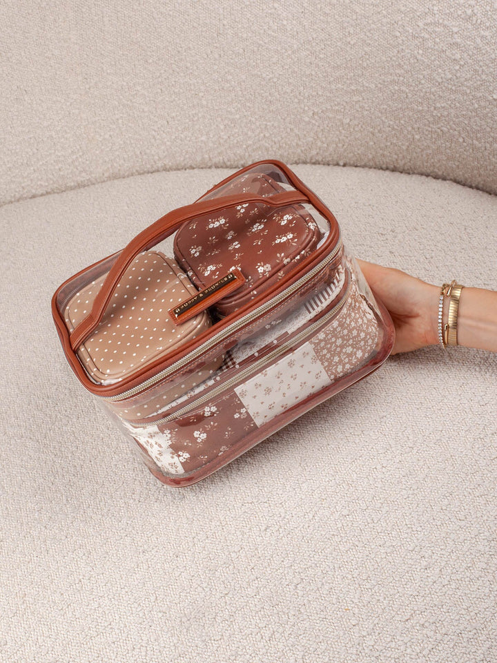 Poppy & Peonies Getaway Cosmetic Set in Brown Patchwork clear cosmetic case.
