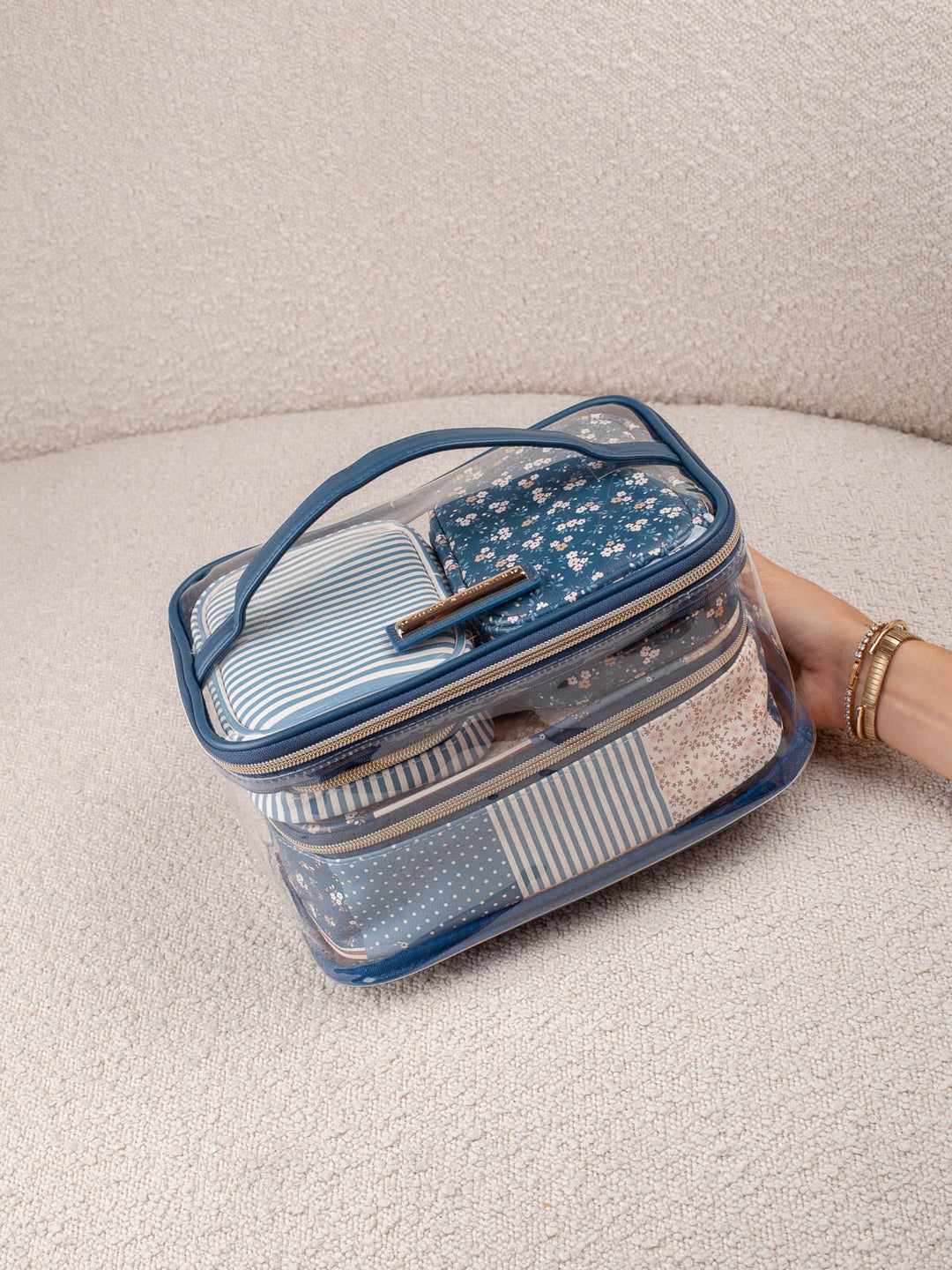 Poppy & Peonies Getaway Cosmetic Set in Navy Patchwork clear cosmetic case.