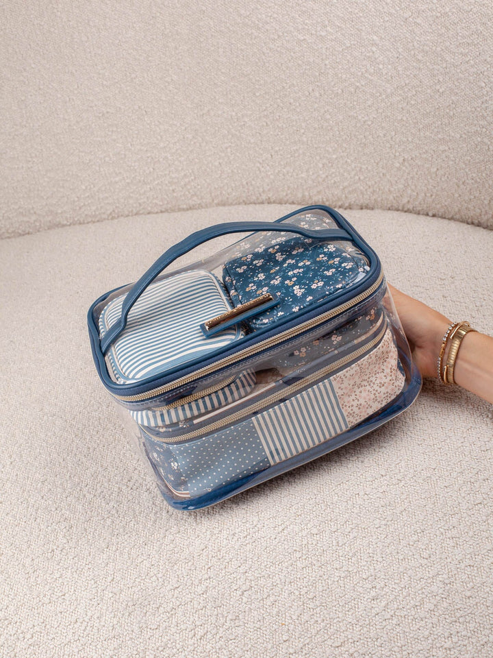 Poppy & Peonies Getaway Cosmetic Set in Navy Patchwork clear cosmetic case.