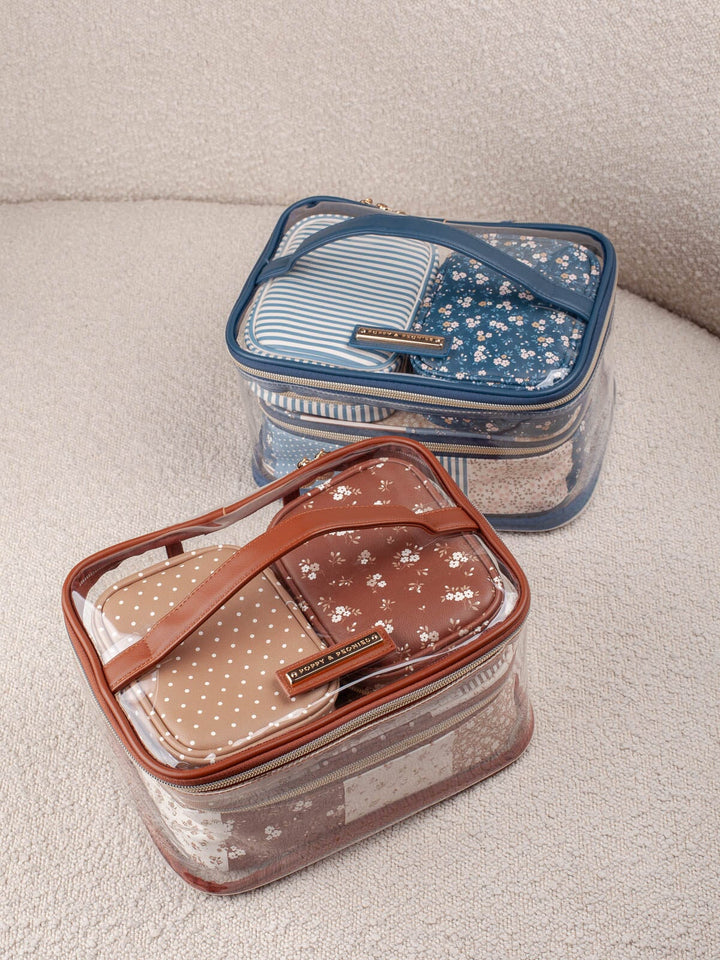Poppy & Peonies Getaway Cosmetic Set in Brown Patchwork and Navy Patchwork cosmetic cases.