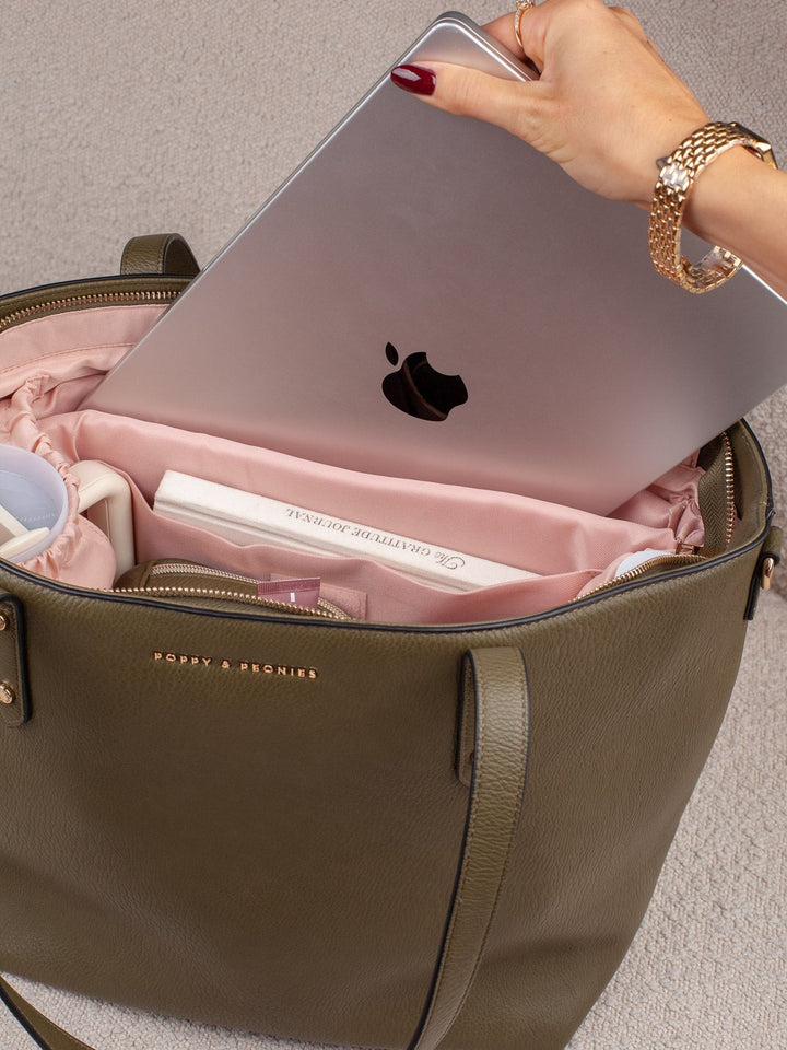 Poppy & Peonies Go-Getter Tote in Olive with laptop stored inside.