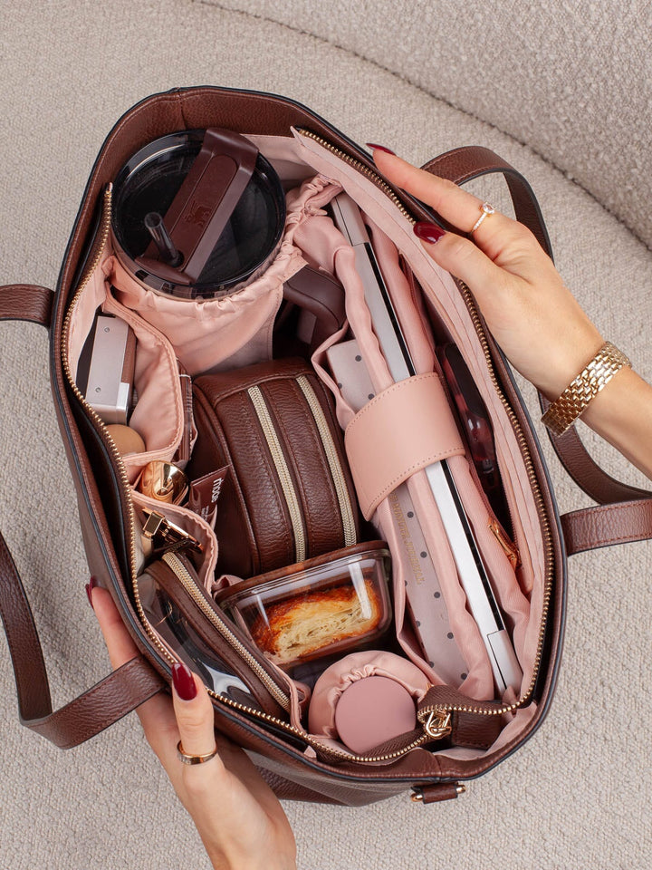 Poppy & Peonies Go-Getter Tote in Espresso open with organized interior compartments.