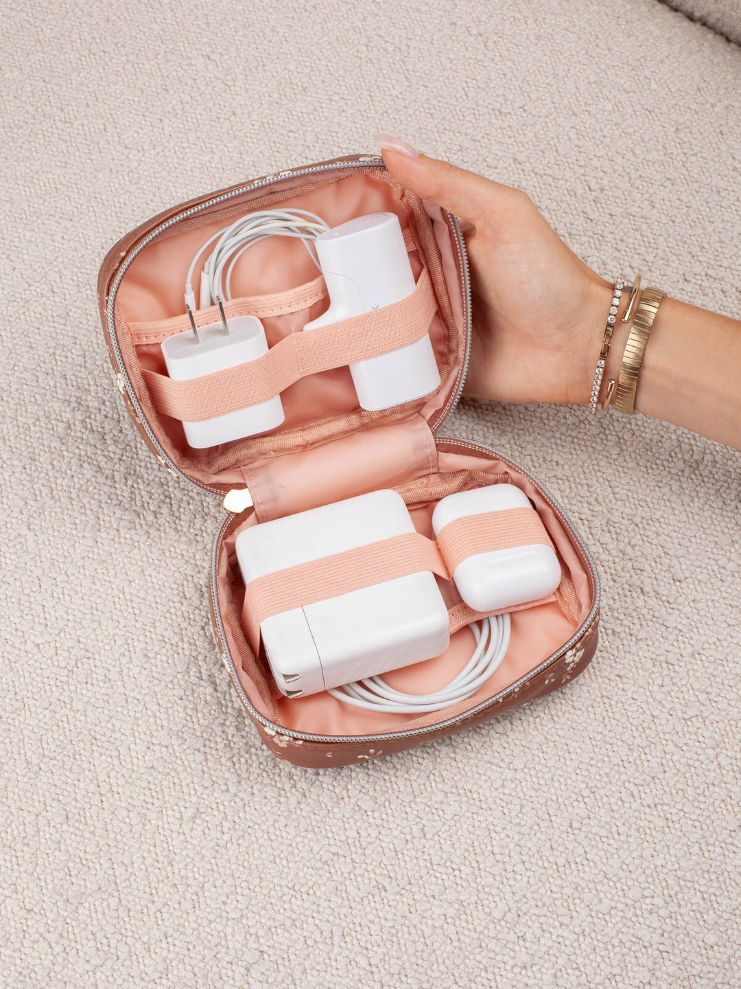 Poppy & Peonies Getaway Cosmetic Set in Brown Patchwork organizer with tech accessories secured inside.