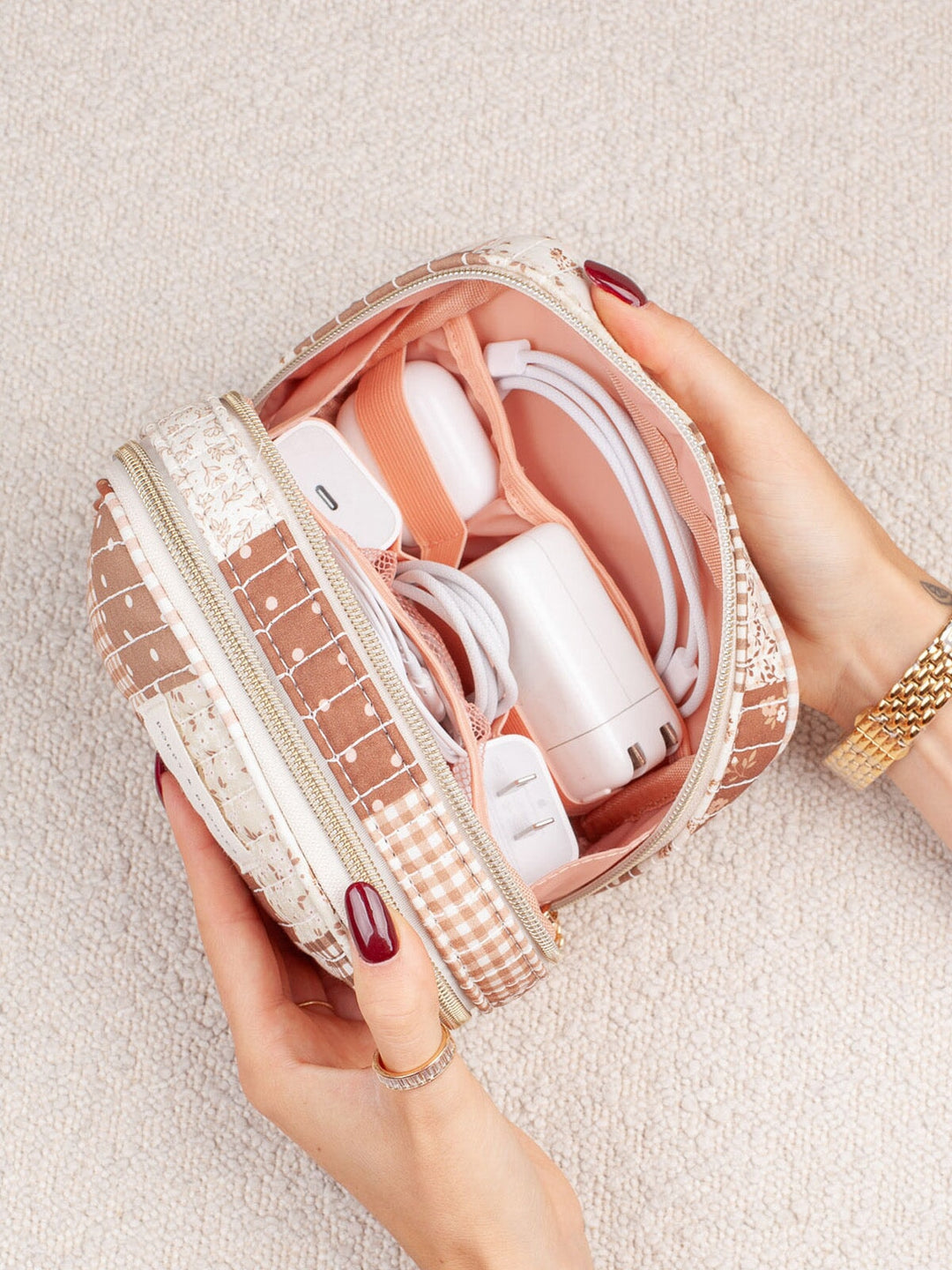 Poppy & Peonies Pretty Connected Case in Brown Patchwork open top view, highlighting divided compartments that keep charging accessories and small essentials neatly organized.