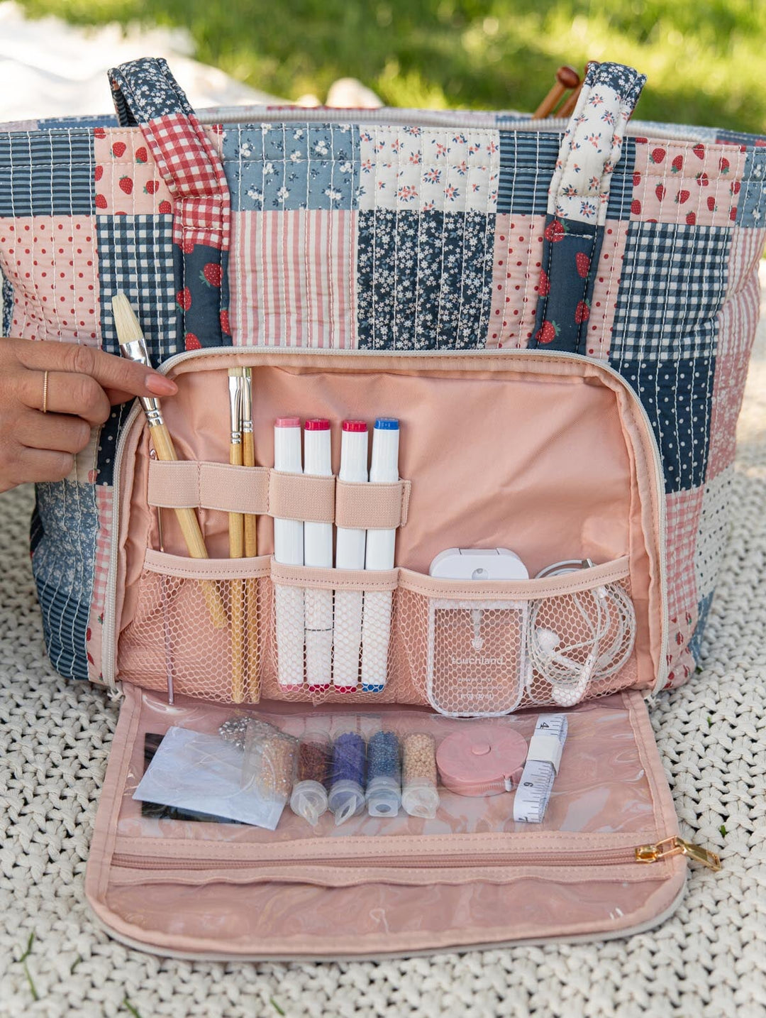 Poppy & Peonies Analog Tote in Strawberry Patchwork open back compartment, featuring organized pockets holding pens, tech accessories and smaller essentials.