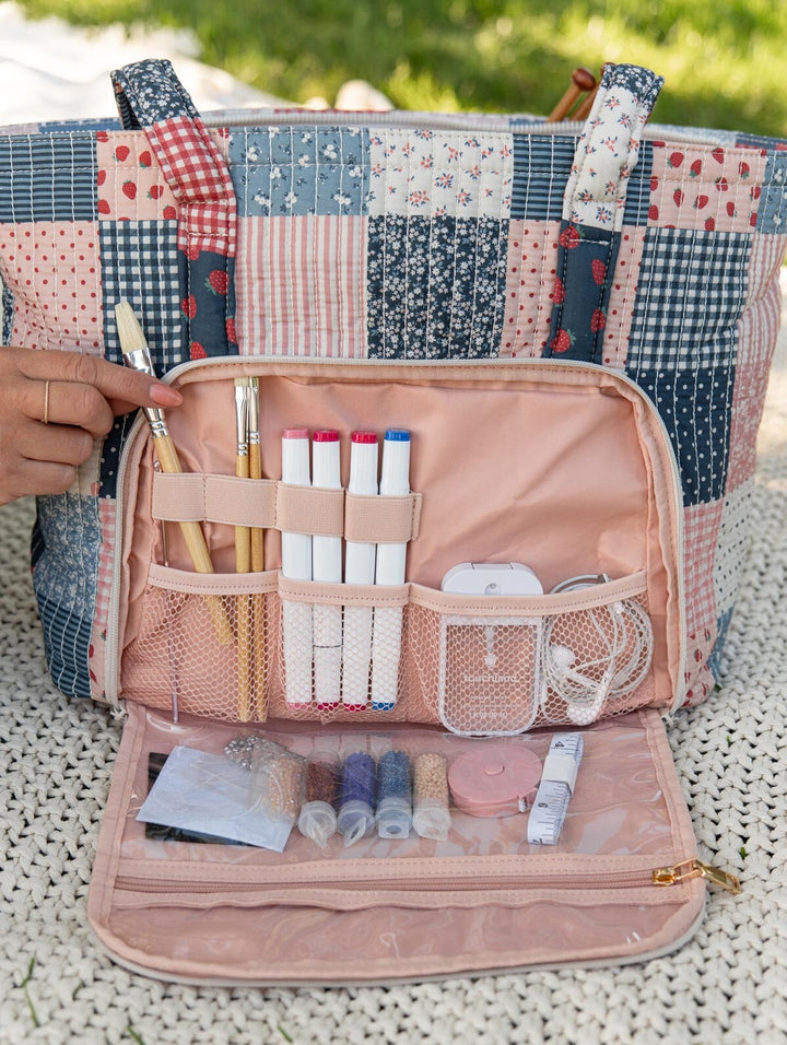 Poppy & Peonies Analog Tote in Strawberry Patchwork open back compartment, featuring organized pockets holding pens, tech accessories and smaller essentials.