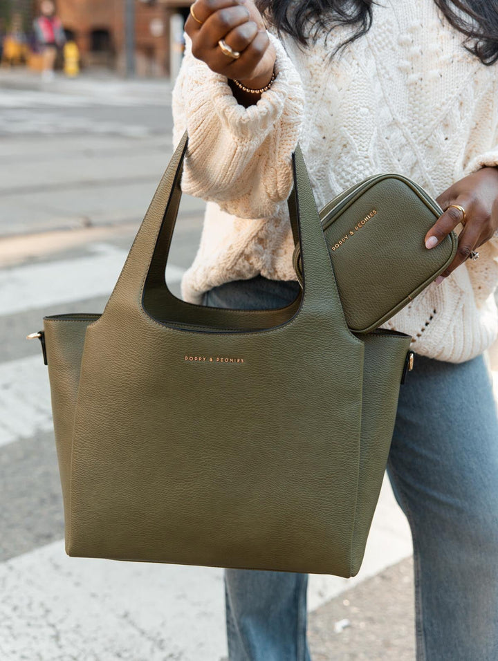 Poppy & Peonies The Companion Tote Bundle in Olive lifestyle view, featuring the tote and coordinating Pretty Connected Case styled together.