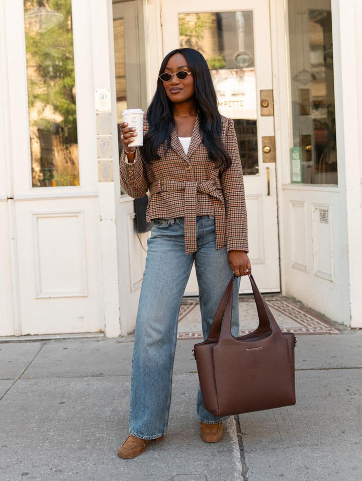 Poppy & Peonies The Companion Tote in Espresso lifestyle view, showcasing its roomy silhouette. 