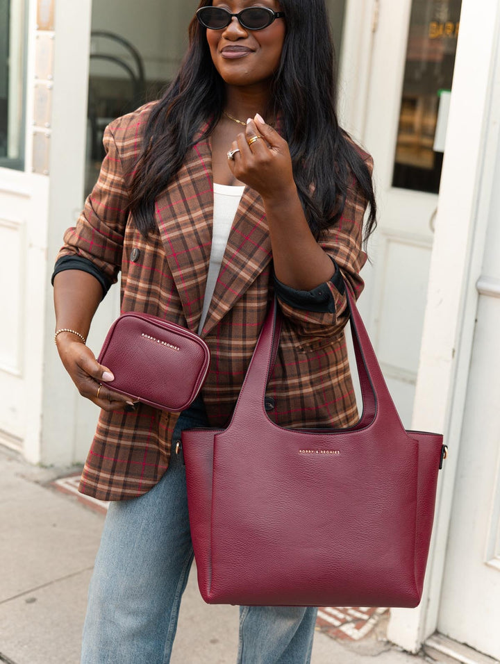Poppy & Peonies The Companion Tote and Pretty Connected Case in Berry, showcasing the coordinating bundle together.