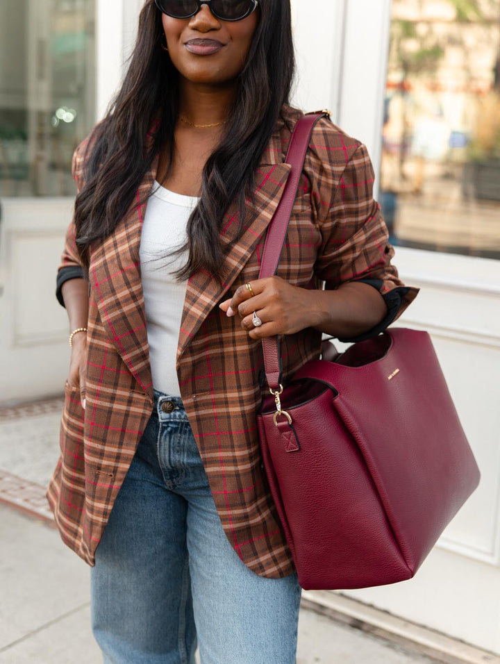 Poppy & Peonies The Companion Tote in Berry close-up lifestyle view, worn comfortably over the shoulder.