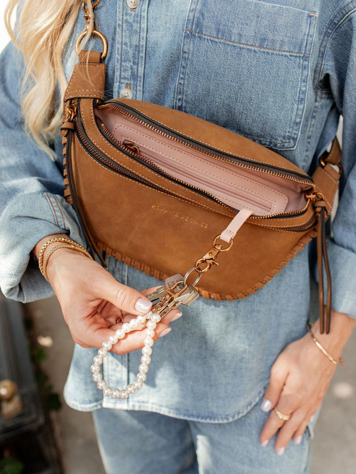 Cognac coloured vegan suede belt bag with key leash.