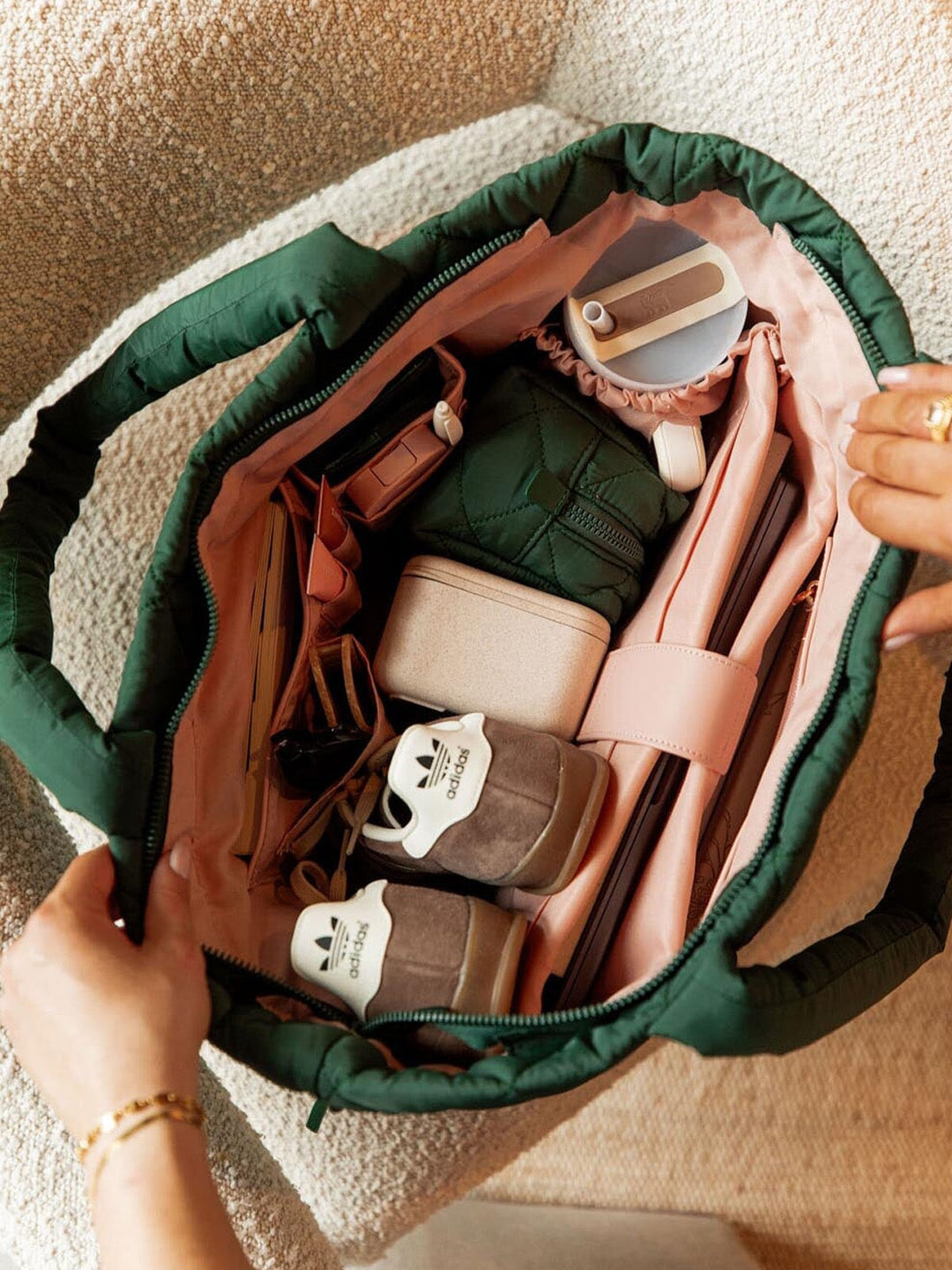Interior of a quilted green tote bag 
