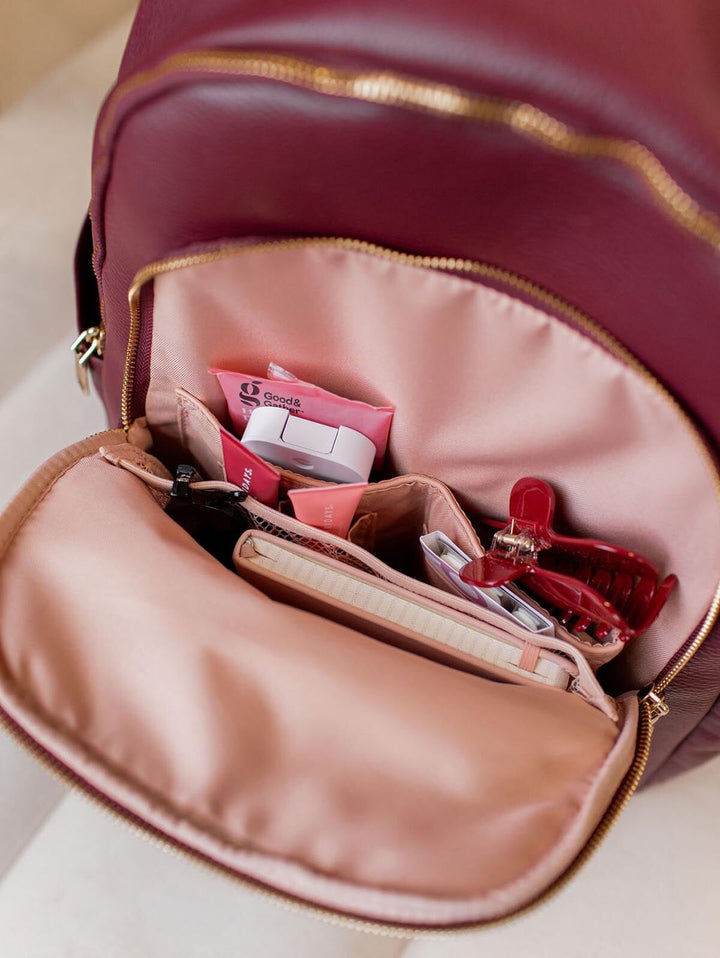 Front organizational pocket on a vegan leather backpack