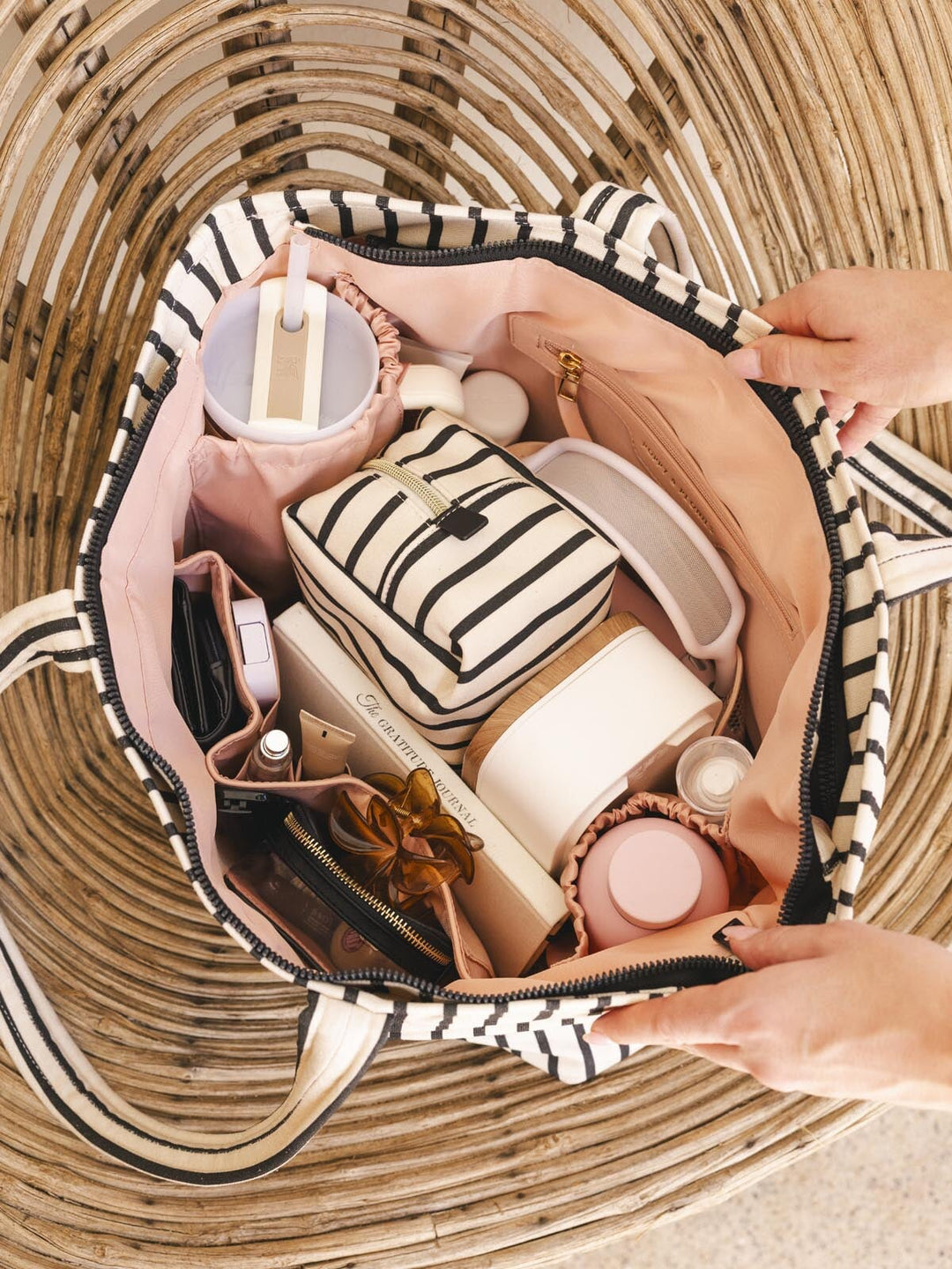 Neatly packed striped tote bag