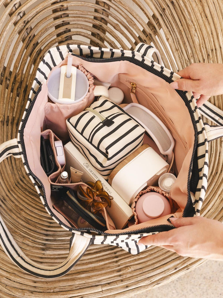 Neatly packed striped tote bag