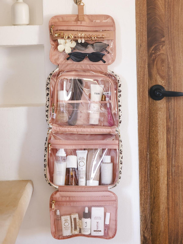 Open floral-patterned hanging makeup bag