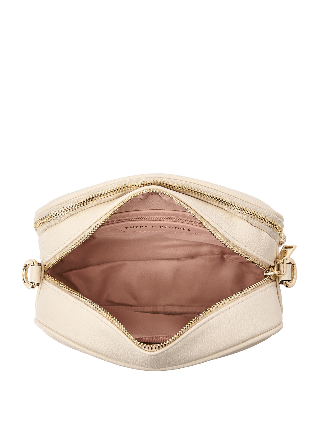 Cream vegan leather crossbody bag with a pink interior lining
