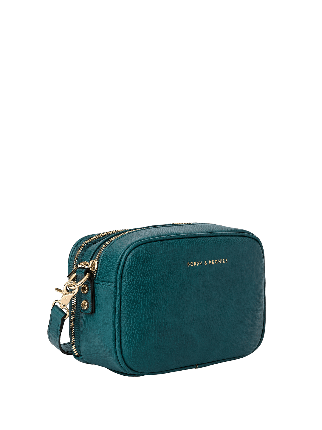 Teal vegan leather bag with gold zipper on a transparent background