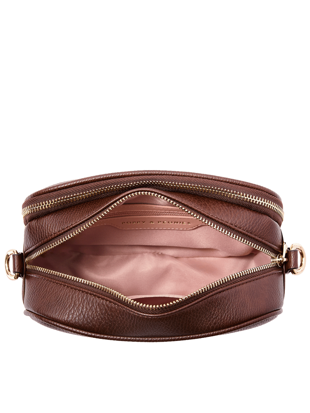 24/7 Crossbody in Espresso showing built-in wallet with card slots and organized interior