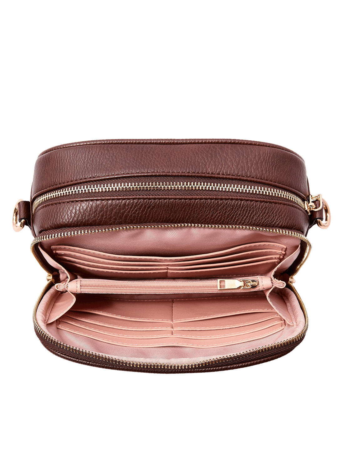 24/7 Crossbody in Espresso with zippered coin compartment and interior organization