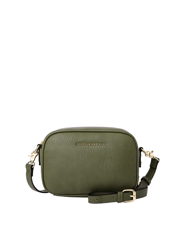 24/7 Crossbody bag in Olive with a detachable strap.