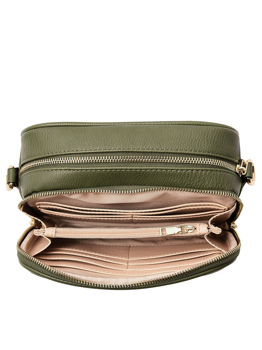 24/7 Crossbody in Olive with zippered coin compartment and interior organization