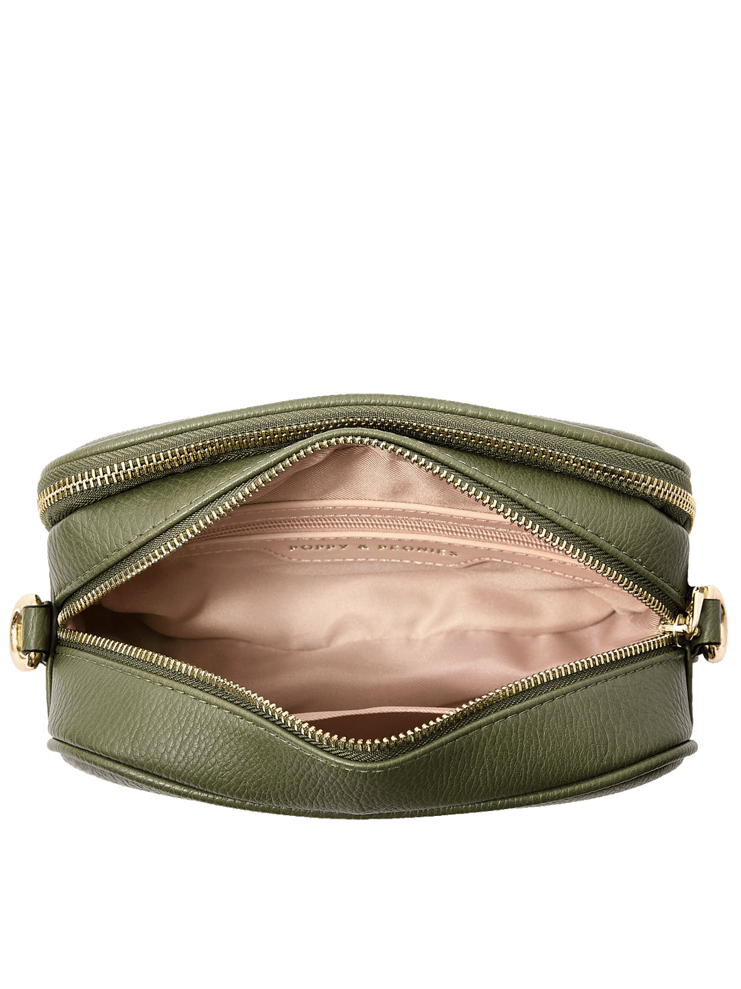 24/7 Crossbody in Olive showing built-in wallet with card slots and organized interior