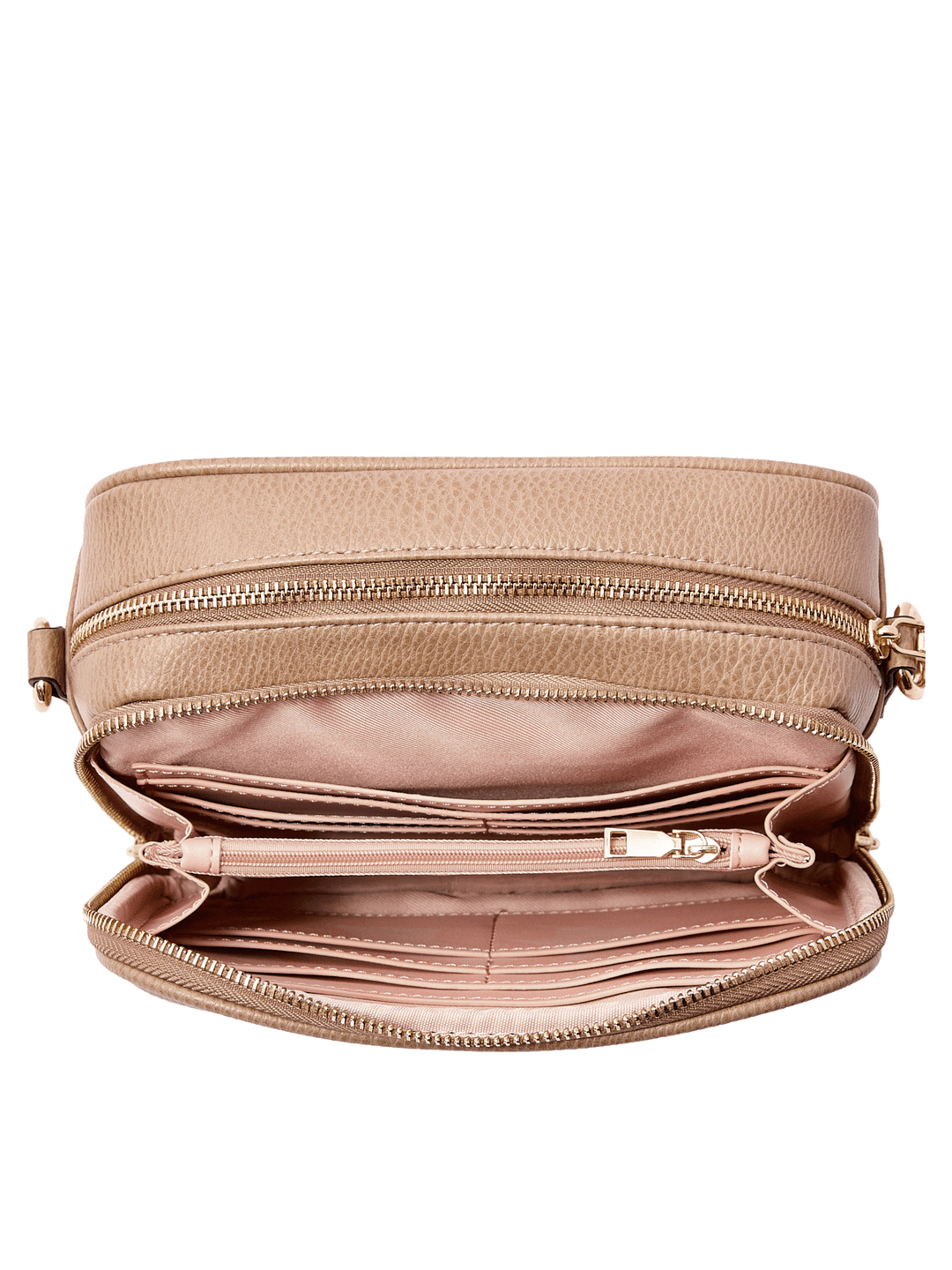 24/7 Crossbody in Taupe with zippered coin compartment and interior organization