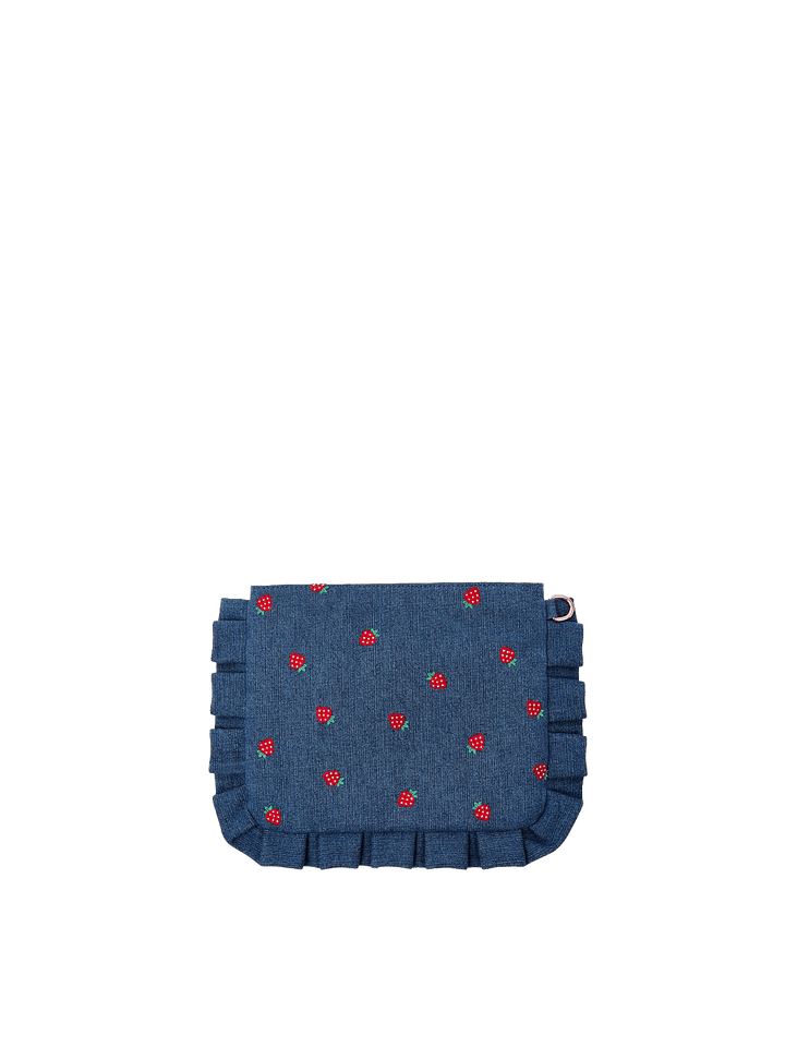 Poppy & Peonies 2-Piece Darling Ruffle Set Denim Strawberry pouch back view, featuring a quilted strawberry denim design and ruffle trim.
