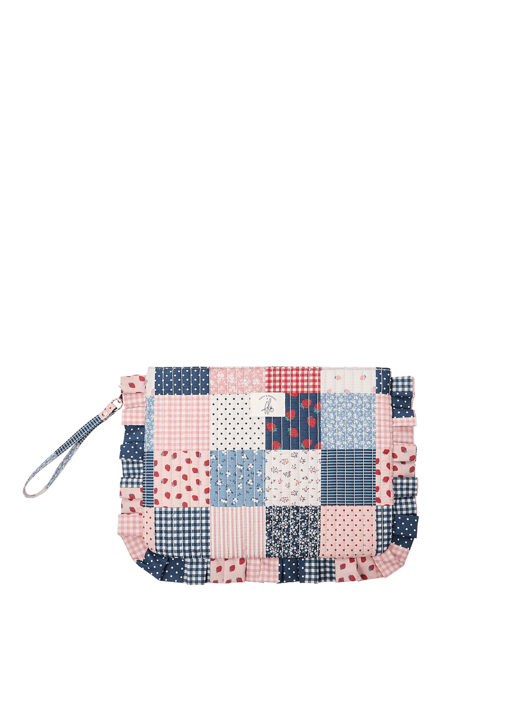 Poppy & Peonies 2-Piece Darling Ruffle Set in Strawberry Patchwork print front view, featuring a quilted pouch with wristlet strap and ruffle trim.