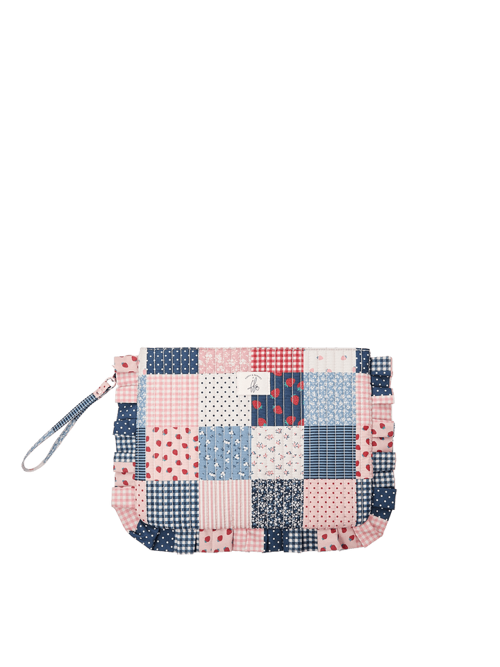 Poppy & Peonies 2-Piece Darling Ruffle Set in Strawberry Patchwork print front view, featuring a quilted pouch with wristlet strap and ruffle trim.