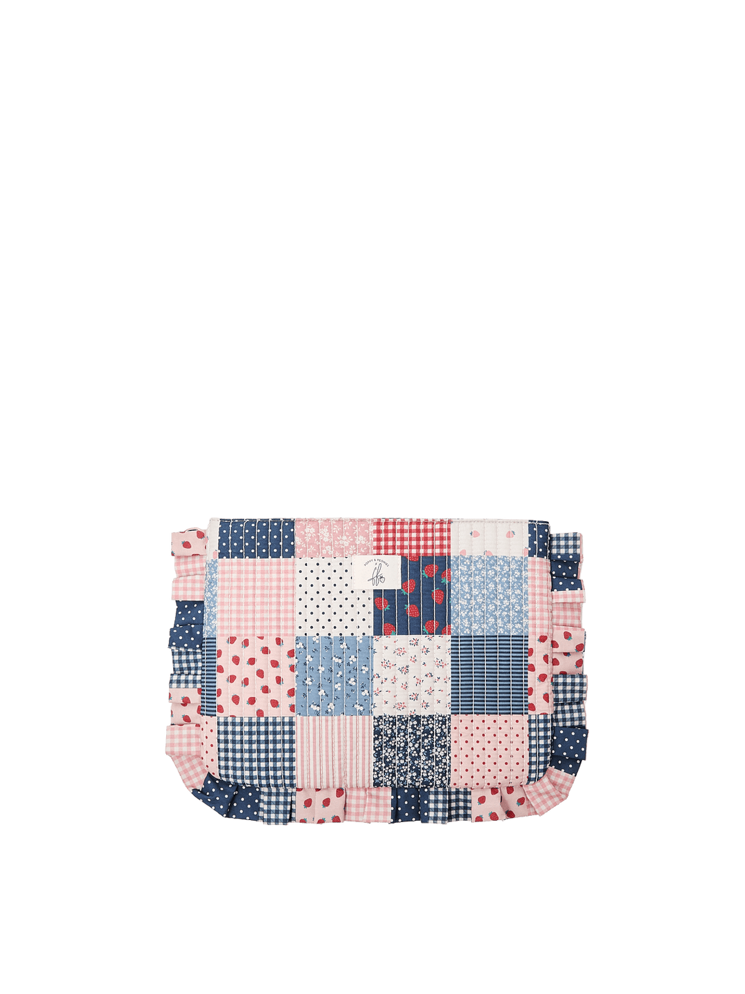 Poppy & Peonies 2-Piece Darling Ruffle Set in Strawberry Patchwork pouch front view, featuring a quilted pouch, strawberry patchwork design with ruffle trim.