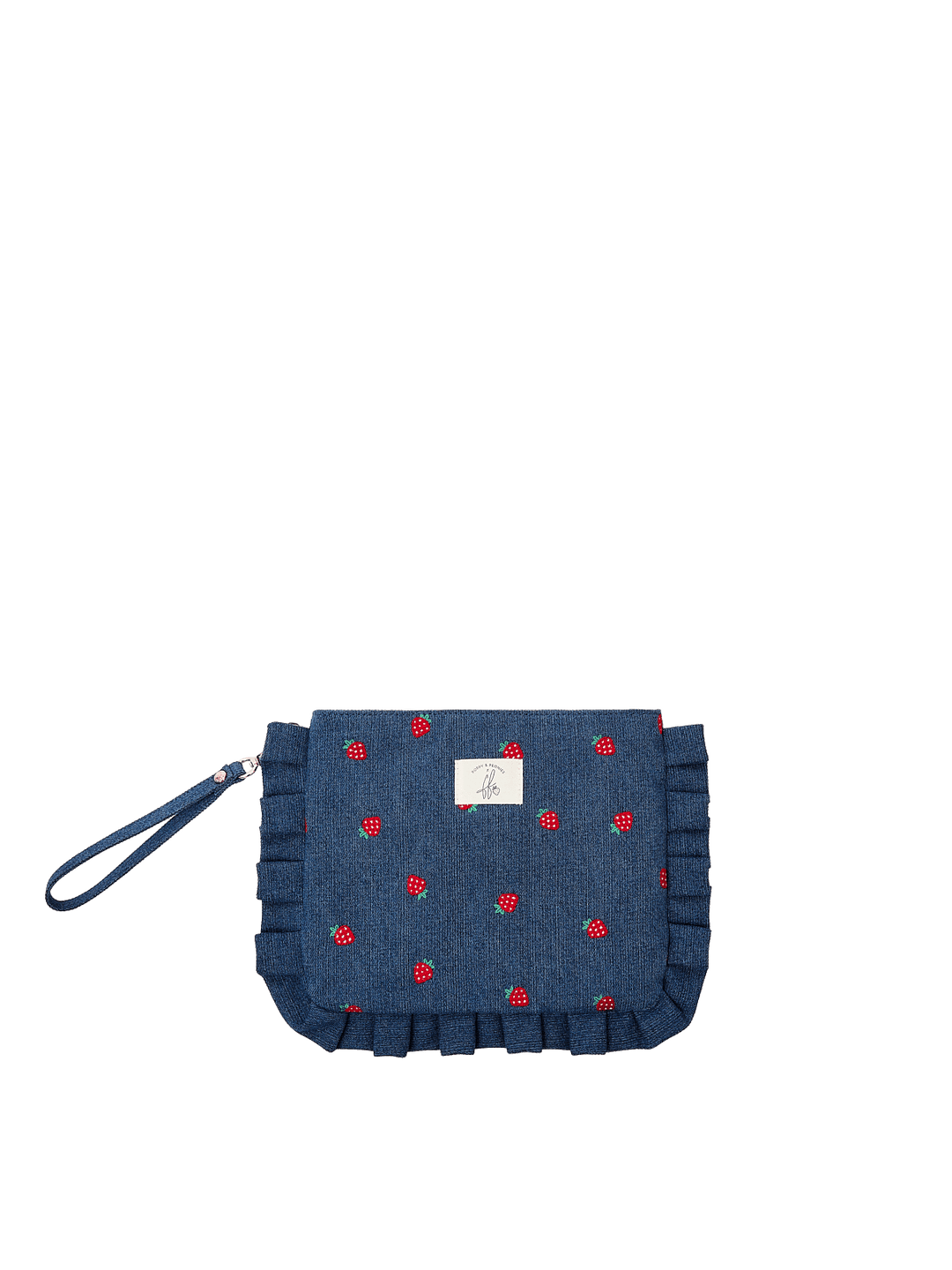 Poppy & Peonies 2-Piece Darling Ruffle Set in Strawberry Denim print front view, featuring a quilted pouch with wristlet strap and ruffle trim.