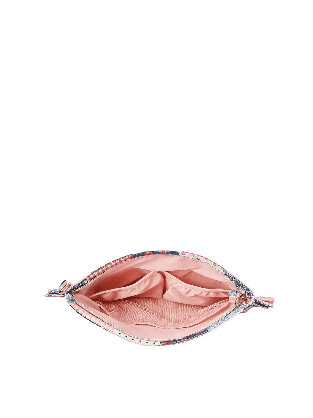 Poppy & Peonies 2-Piece Darling Ruffle Set Strawberry Patchwork pouch open top view, showing the blush-pink lined interior.