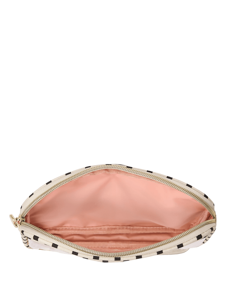 Small pouch with a patterned exterior and pink interior